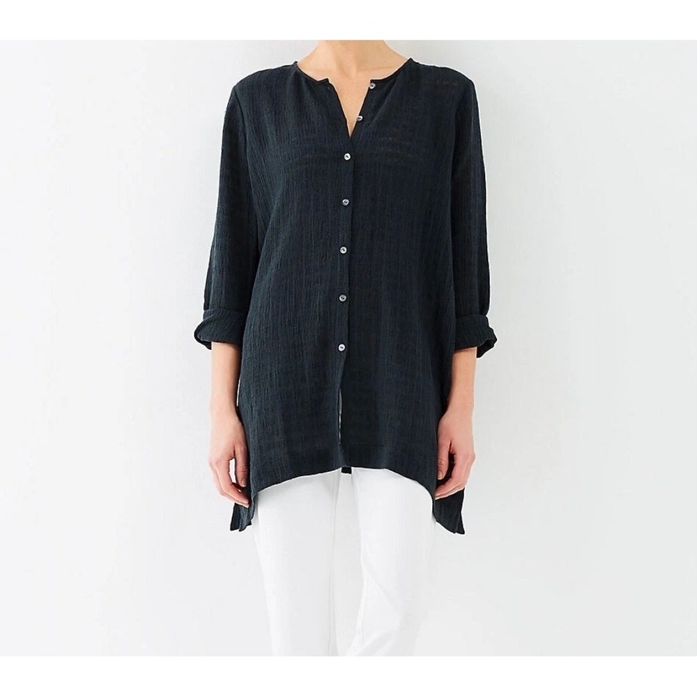 Pure Jill Linen Cotton Gauze Crinkle Tunic Navy Blue Button Down Coastal Boho M